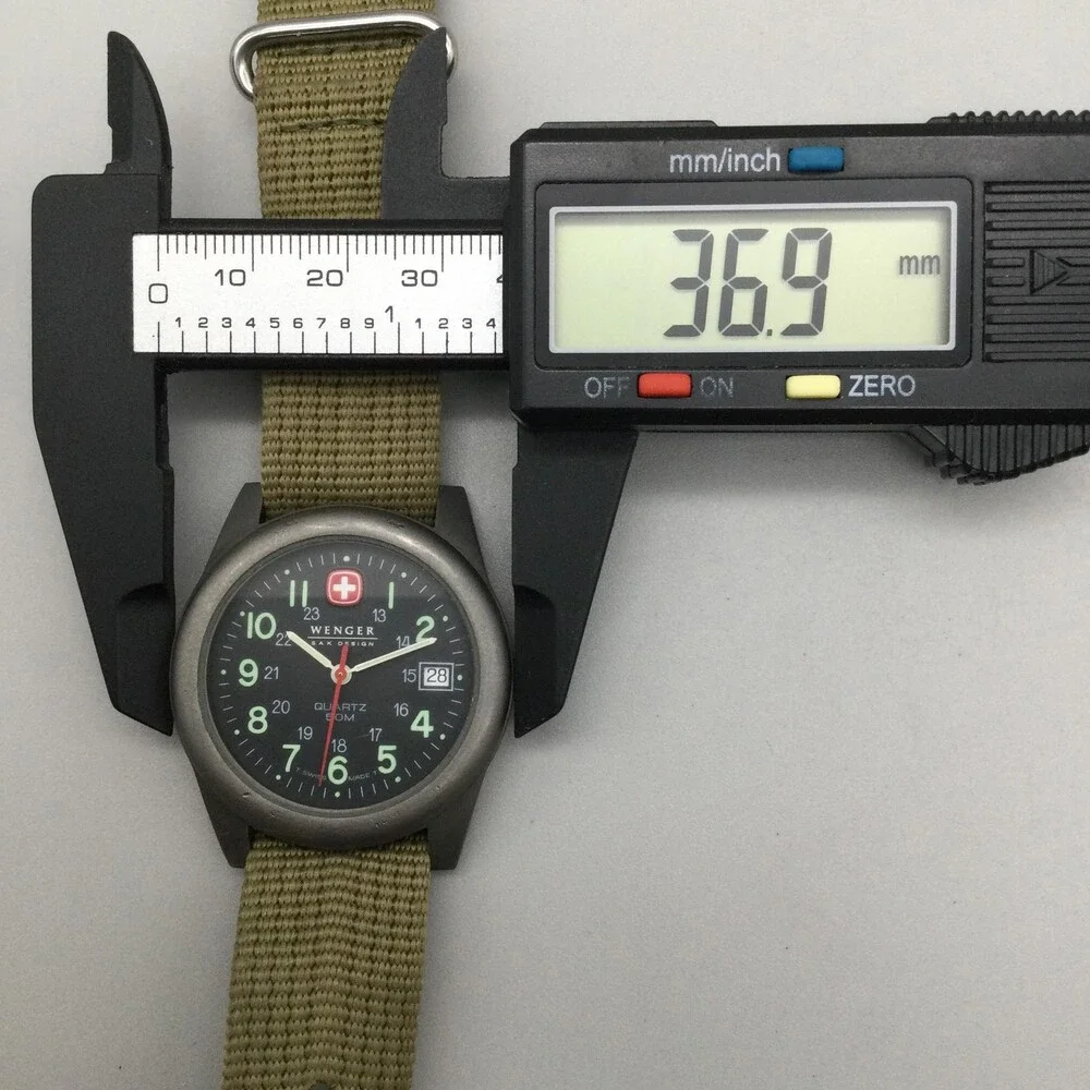 Wenger SAK Design Mens Watch 37mm Black Dial Green Nylon Date Swiss New Battery